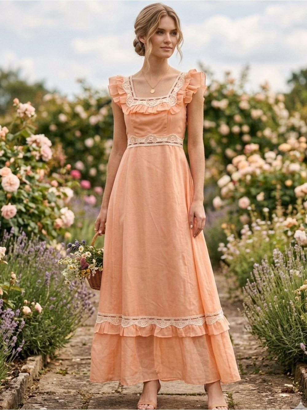 Vintage 1960s Lilli Ann Peach Prairie Maxi Dress Rare ILGWU Cottagecore Size 5